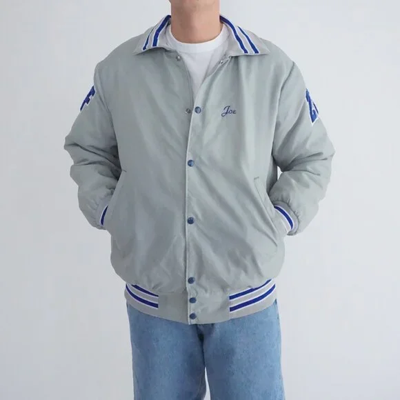 Vintage North Tail Grey Blue MVP Sports Patch Varsity Snap Jacket Large - Picture 2 of 16